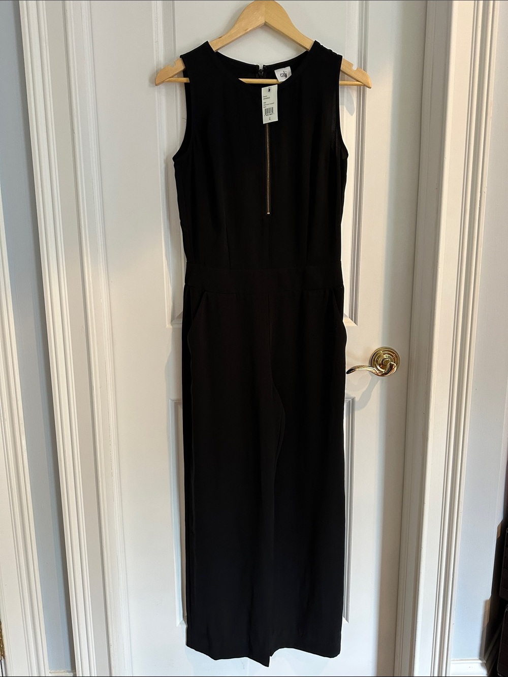 NWT CAbi Black Sleeveless Maxi Jumpsuit with Front & Back Zip